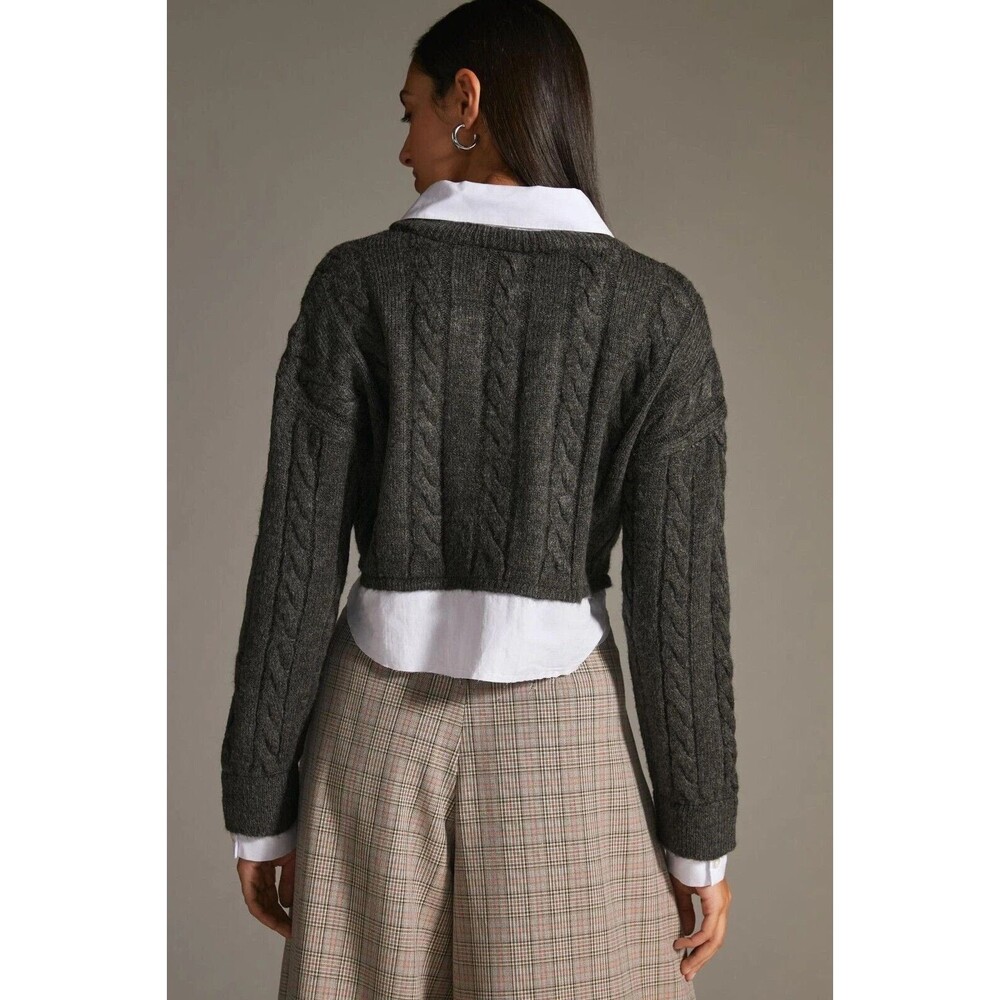 Anthropologie Pilcro Cropped Cable-Knit Twofer Sweater Gray White Sz Medium - Picture 3 of 12